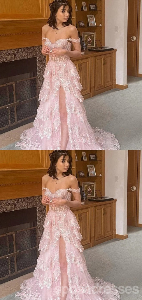 Gorgeous Pink A-line Off Shoulder Long Party Prom Dresses Ideas,Evening Gowns,13732