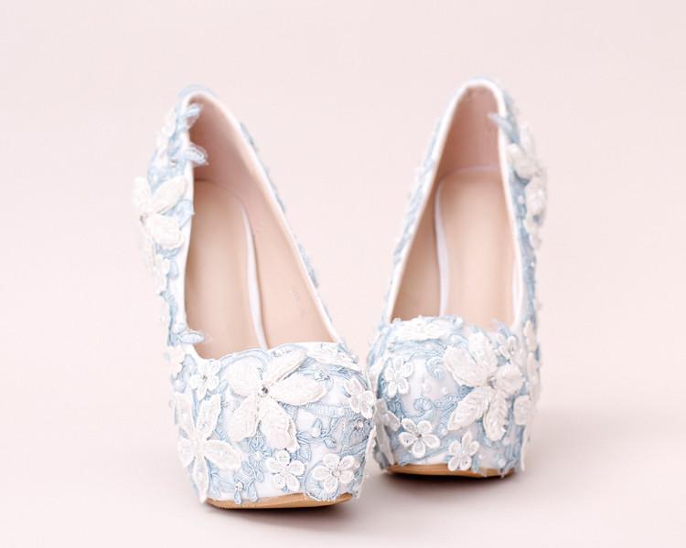 Handmade High Heels Round Toe Blue Lace Crystal Wedding Shoes, S0040