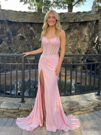 Sparkling Illusion Corset Prom Dress Rhinestone Beaded Bodice Slit Gown, 26008