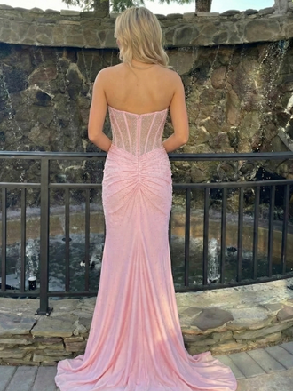 Sparkling Illusion Corset Prom Dress Rhinestone Beaded Bodice Slit Gown, 26008