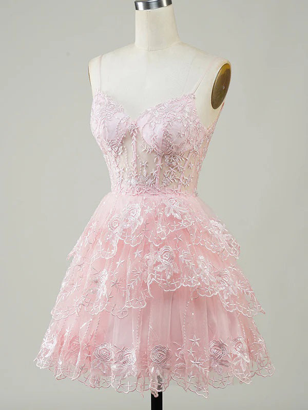 Cute Floral Pink A-line Spaghetti Straps Mini Short Prom Homecoming Dresses Online,CM972