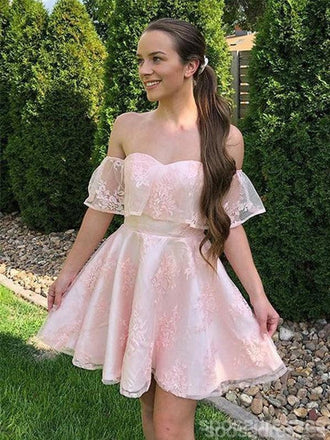 Cute Pink A-line Off Shoulder Mini Short Prom Homecoming Dresses,Party Dress,CM1018