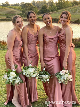Dusty Rose Satin Cowl Neck Spaghetti Strap High Slit Bridesmaid Dress 26048