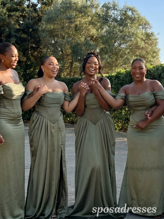 Olive Green Satin Off The Shoulder Corset Basque Waist Bridesmaid Dress 26054