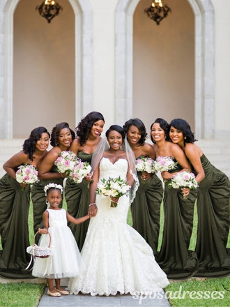 Dark Olive Green Satin Off The Shoulder Basque Waist High Slit Bridesmaid Dress 26045