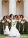 Dark Olive Green Satin Off The Shoulder Basque Waist High Slit Bridesmaid Dress 26045