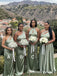 Sage Green Satin Mismatched Halter One Shoulder High Slit Bridesmaid Dresses 26047