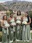 Sage Green Satin Mismatched Halter One Shoulder High Slit Bridesmaid Dresses 26047