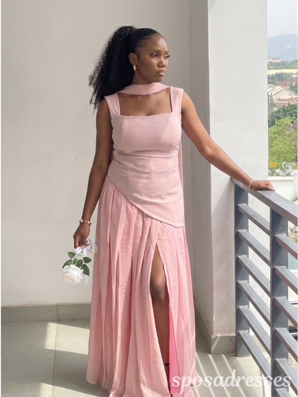 Blush Pink Chiffon Asymmetrical Bodice Pleated High Slit Bridesmaid Dress 26046