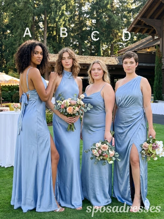 Blue Satin Mismatched Halter Cowl One Shoulder Bridesmaid Dresses 26049