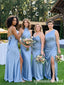 Blue Satin Mismatched Halter Cowl One Shoulder Bridesmaid Dresses 26049