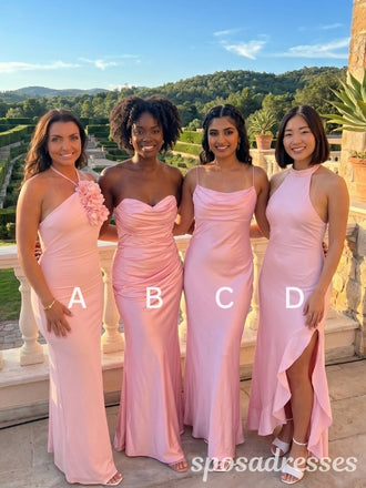 Blush Pink Satin Mismatched Halter One Shoulder Sweetheart Sheath Bridesmaid Dresses 26055