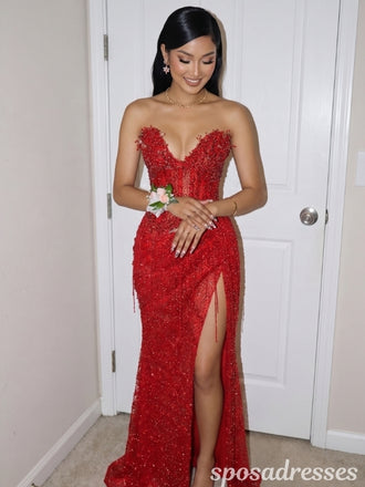 Red Beaded Strapless Deep V Corset High Slit Prom Evening Dress 26057