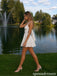 White Floral Jacquard V-Neck Tie Back Mini Homecoming Dress 26073