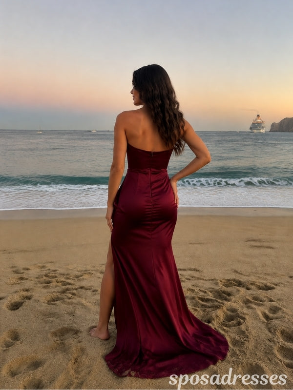 Burgundy Satin Strapless Corset High Slit Prom Evening Dress 26074
