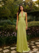 Lime Green Chiffon Halter Deep V Neck Ruched Open Back A Line Prom Evening Dress 26087