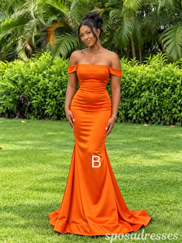 Burnt Orange Satin Off the Shoulder Mermaid Bridesmaid Dress BD26001