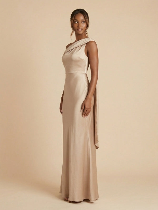 Beige Satin Asymmetrical Draped Sash Bridesmaid Dress 26032