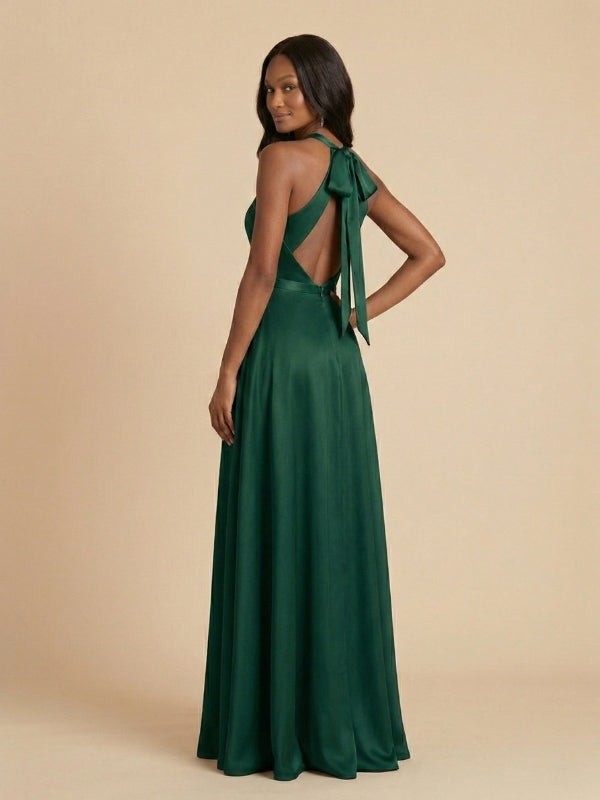 Dark Green Satin Halter High Neck Bow Back Bridesmaid Dress 26034