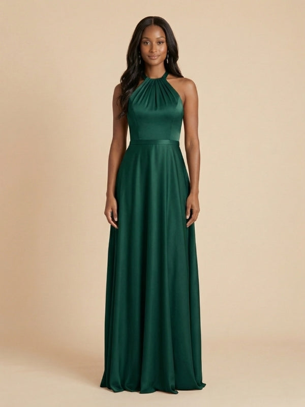 Dark Green Satin Halter High Neck Bow Back Bridesmaid Dress 26034