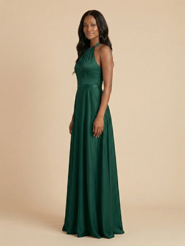 Dark Green Satin Halter High Neck Bow Back Bridesmaid Dress 26034