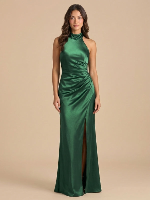 Emerald Green Satin Halter Ruched High Slit Bridesmaid Dress 26027