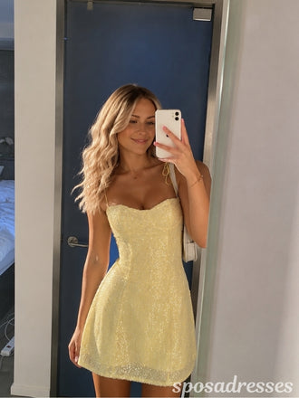 Yellow Sequin Sweetheart Tie Strap Short A Line Homecoming Dress 26069