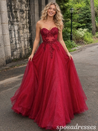 Burgundy Glitter Tulle Strapless Beaded Lace Corset A Line Prom Dress PD26002