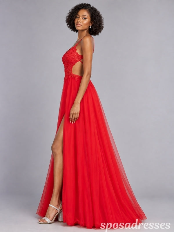 Lace Applique Side Cutout High Slit Tulle A Line Prom Dress PD26003