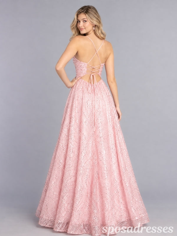 Pink Sequin Patterned Spaghetti Straps Lace Up A Line Prom Dress PD26004