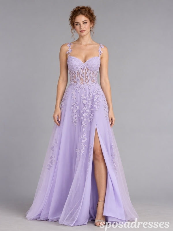 Lavender Lace Applique Corset High Slit Tulle A Line Prom Dress PD26006
