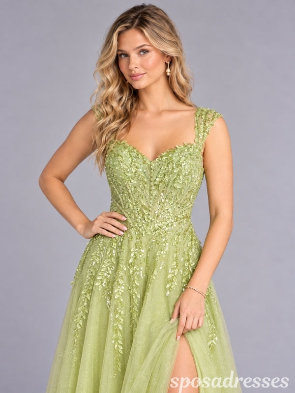 Pistachio Green Sequin Leaf Corset High Slit Tulle A Line Prom Dress PD26007