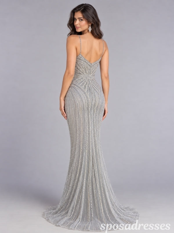 Silver Beaded Geometric Pattern Fitted Mermaid Prom Dress PD26009