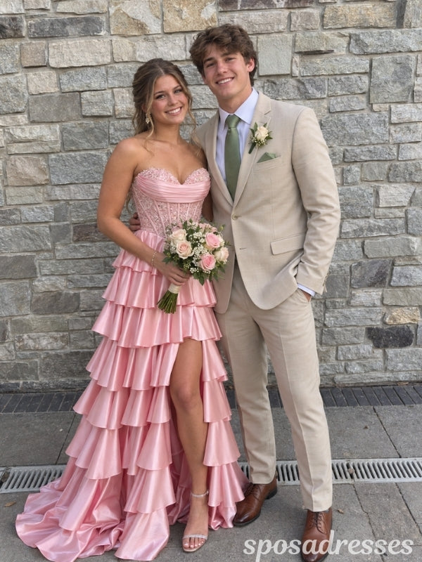Pink Beaded Lace Corset Tiered Ruffle High Slit Prom Dress PD26012