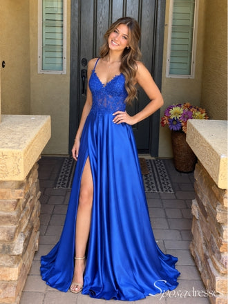 Lace Illusion Bodice Satin High Slit A Line Prom Dress PD26014