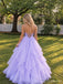 Lilac Lavender Glitter Tulle V Neck Tiered Ruffle Ball Gown Prom Dress PD26015