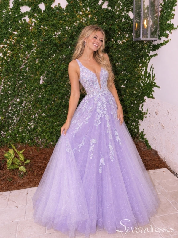 Lilac Floral Lace Glitter Tulle V Neck A Line Prom Dress PD26020