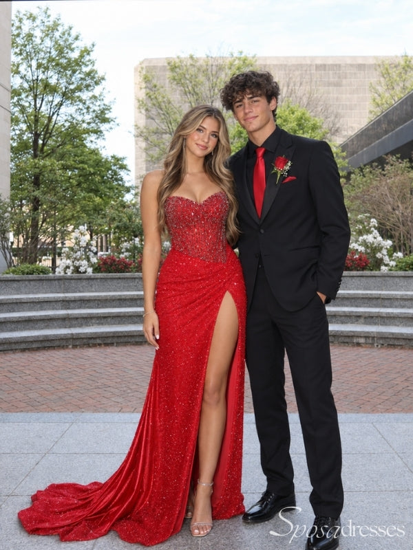 Red Beaded Corset High Slit Sparkle Prom Dress PD26026
