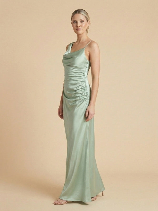 Sage Green Satin Asymmetrical Cowl Neck Ruched Bridesmaid Dress 26035