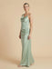 Sage Green Satin Asymmetrical Cowl Neck Ruched Bridesmaid Dress 26035