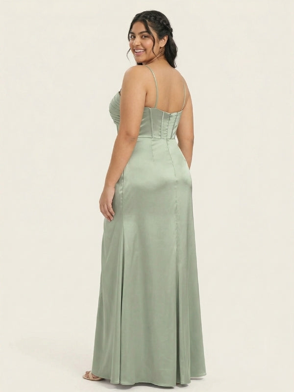 Sage Green Satin Spaghetti Strap Corset Twist High Slit Bridesmaid Dress 26026