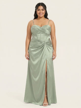 Sage Green Satin Spaghetti Strap Corset Twist High Slit Bridesmaid Dress 26026