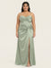 Sage Green Satin Spaghetti Strap Corset Twist High Slit Bridesmaid Dress 26026