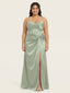 Sage Green Satin Spaghetti Strap Corset Twist High Slit Bridesmaid Dress 26026
