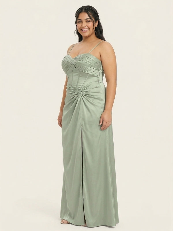 Sage Green Satin Spaghetti Strap Corset Twist High Slit Bridesmaid Dress 26026