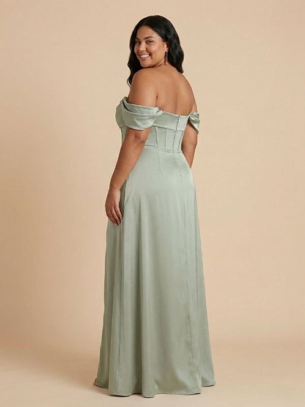 Sage Green Satin Off The Shoulder Corset High Slit Bridesmaid Dress 26030