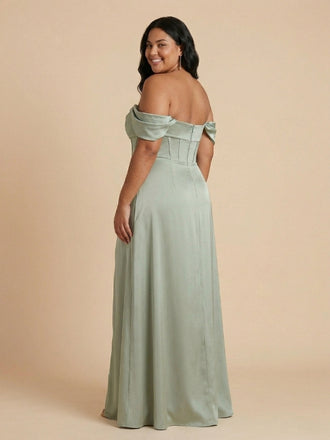Sage Green Satin Off The Shoulder Corset High Slit Bridesmaid Dress 26030