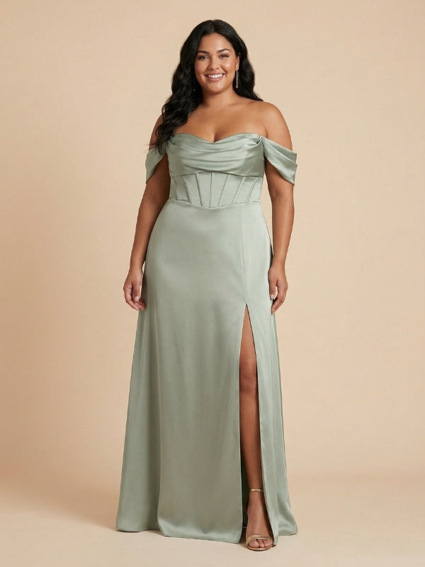 Sage Green Satin Off The Shoulder Corset High Slit Bridesmaid Dress 26030