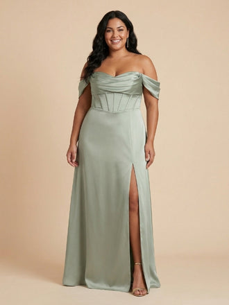 Sage Green Satin Off The Shoulder Corset High Slit Bridesmaid Dress 26030