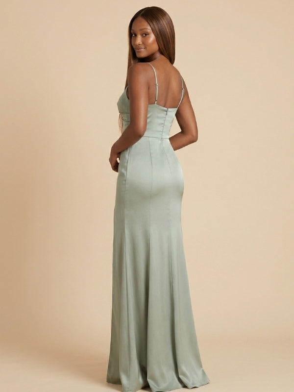 Sage Green Bridesmaid Dress Satin Spaghetti Strap Twist Front High Slit 26025